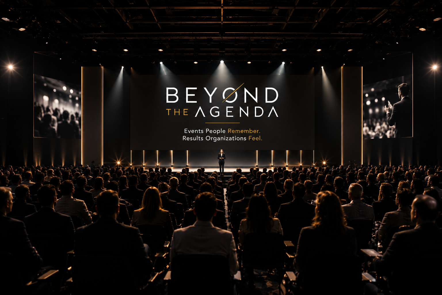 A confident speaker on stage in front of a full conference audience