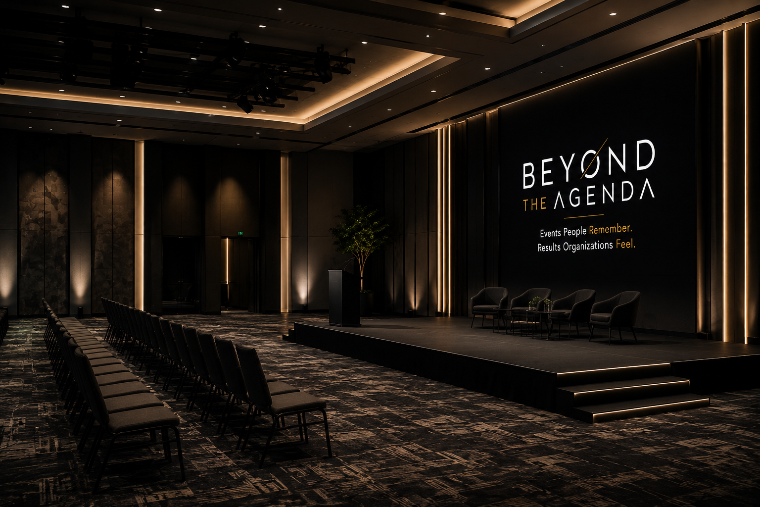 An architectural event space with dramatic light