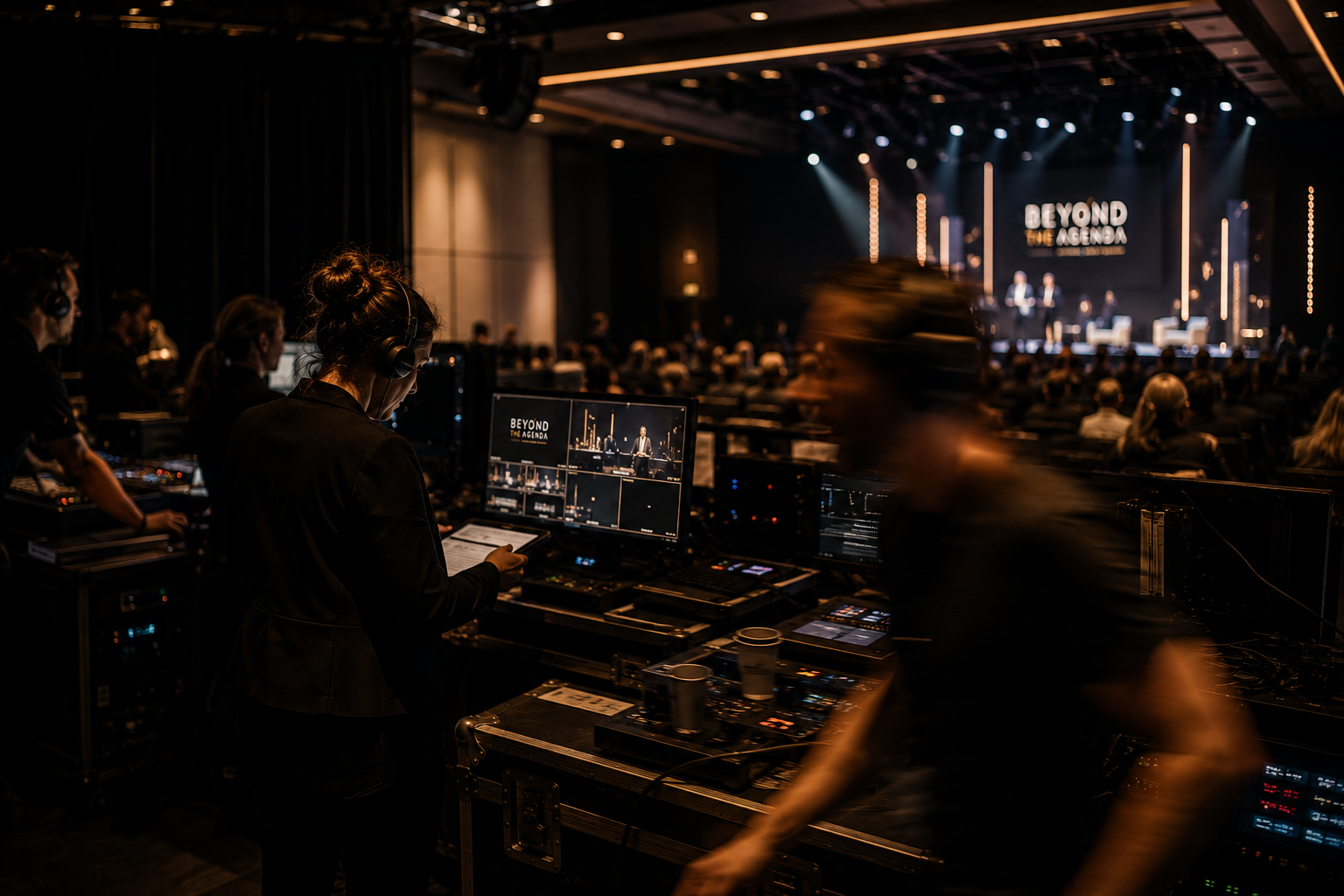 Backstage production crew during a conference