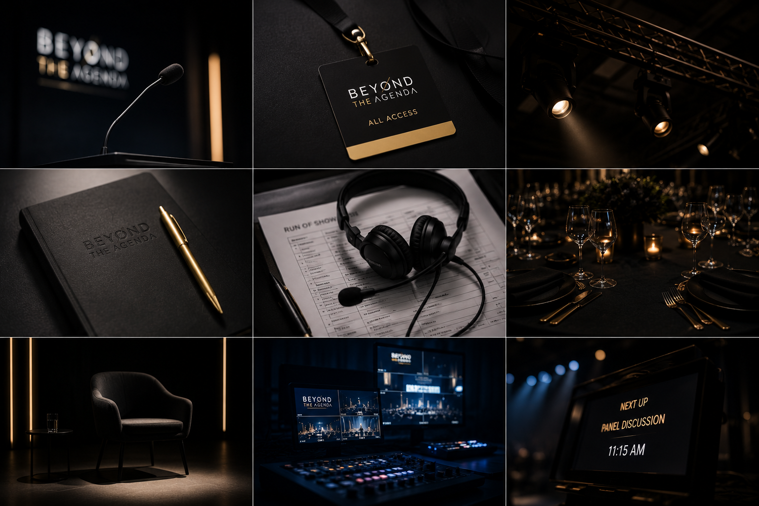 Editorial moodboard of branded event details — podium microphone, all-access badge, leather notebook, headset on run-of-show, signage.