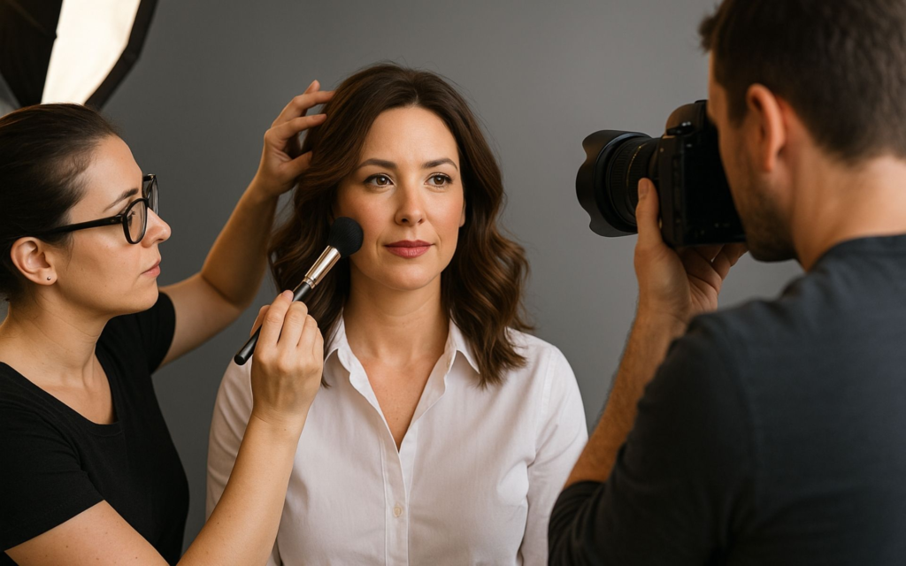 Woman receiving makeup touch-up while photographer prepares to take her brand photo against a neutral backdrop
